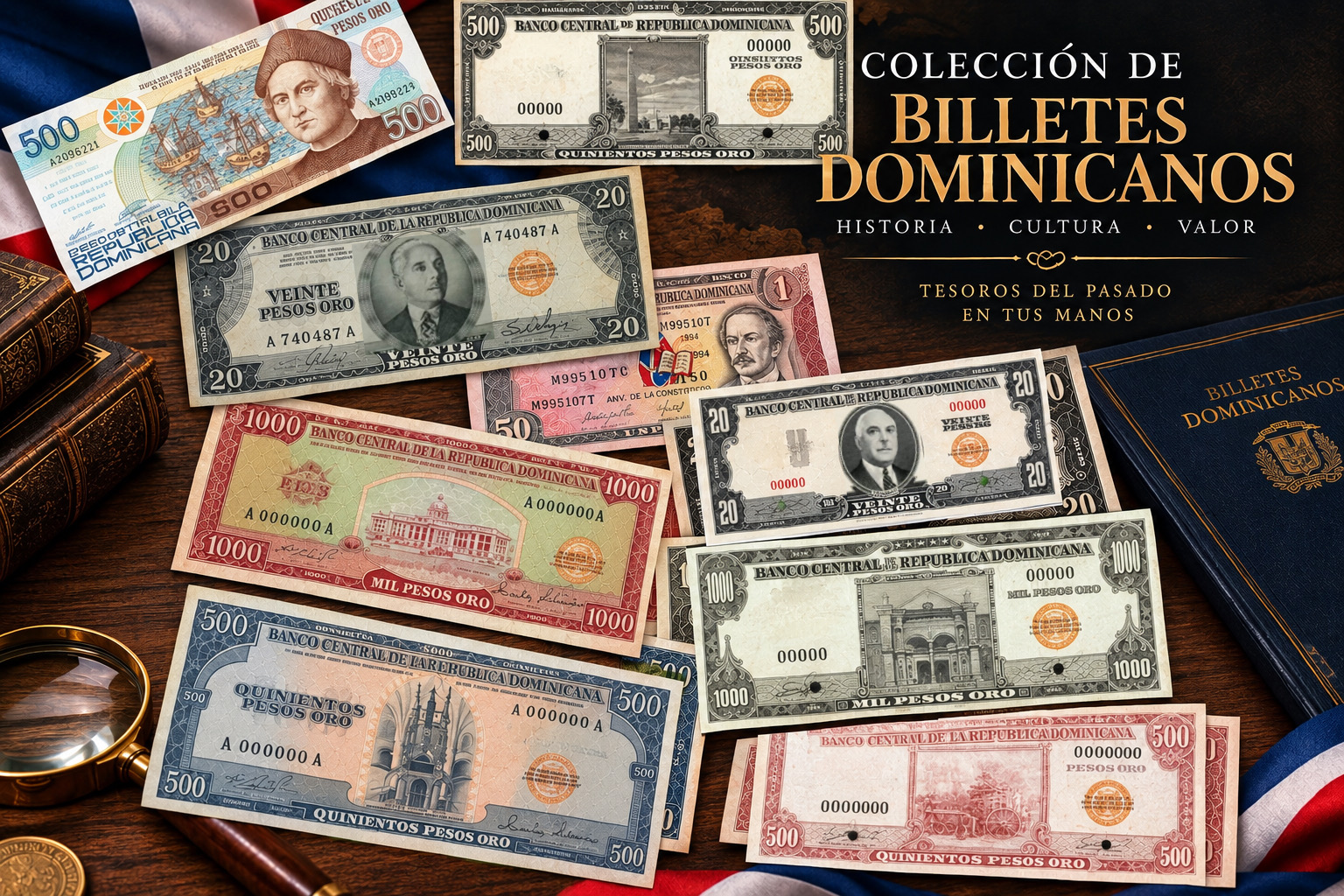 Mesa de estudio numismático con billetes dominicanos