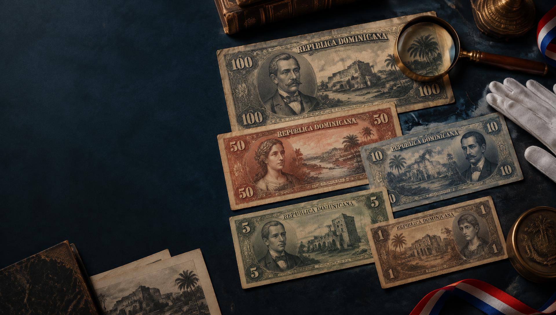 Mesa de estudio numismático con billetes dominicanos
